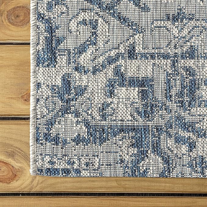 JONATHAN Y SMB105B-28 Estrella Bohemian Medallion Textured Weave Indoor Outdoor Runner Rug Coastal Bohemian Rustic Glam Easy Cleaning Bedroom Kitchen Backyard Patio Non Shedding, 2 X 8, Navy/Gray
