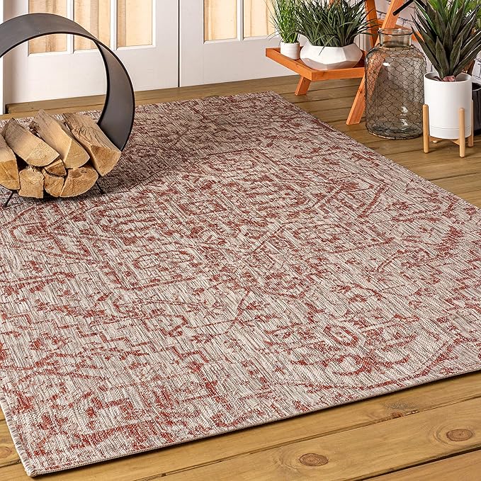 JONATHAN Y SMB105A-9 Estrella Bohemian Medallion Textured Weave Indoor Outdoor Area-Rug Coastal Bohemian Rustic Glam Easy-Cleaning Bedroom Kitchen Backyard Patio Non Shedding, 9 X 12, Red/Taupe