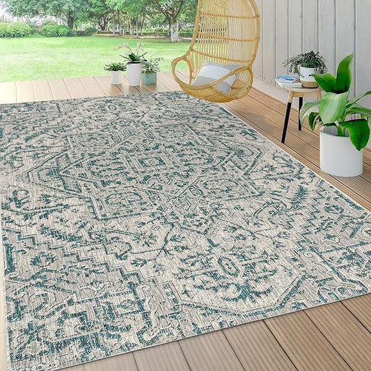 JONATHAN Y SMB105C-5 Estrella Bohemian Medallion Textured Weave Teal/Gray 5 ft. x 8 ft. Indoor/Outdoor Area Rug Coastal, Traditional, Transitional, Perfect for Backyard, Patio, Porch