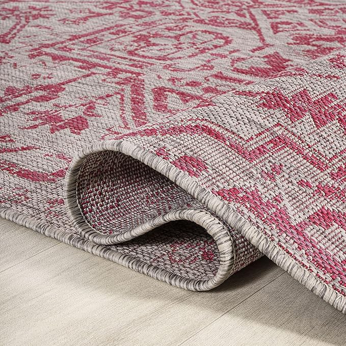 JONATHAN Y SMB105F-3 Estrella Bohemian Medallion Textured Weave Indoor Outdoor Area Rug, Coastal,Traditional,Transitional Easy Clean,Bedroom,Kitchen,Backyard,Patio,Non-Shed, Light Gray/Fuchsia, 3 X 5