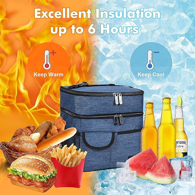 Tirrinia Large Insulated Lunch Box for Women Men, Double-Layer Leak-Proof Reusable Lunch Bag with 4 Pockets for Adult, Lunch Bag Cooler Tote for Office Work and Travel,Dark Blue