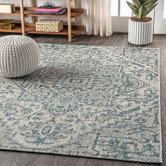 JONATHAN Y SMB105C-6 Estrella Bohemian Medallion Textured Weave Teal/Gray 6 ft. x 9 ft. Indoor/Outdoor Area Rug, Pet Friendly, Non-Shedding, Stain Resistant, Easy-Cleaning for Backyard, Patio, Porch