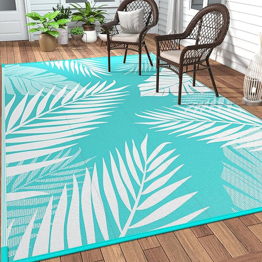 GENIMO Outdoor Rug 10' x 14' Waterproof for Patios Clearance, Reversible Outdoor Plastic Straw Camping Rug Carpet, Large Area Rugs Mats for RV, Camper, Deck, Balcony, Porch, Beach, Aqua Blue&White