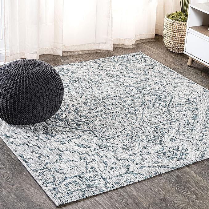JONATHAN Y SMB105C-8SQ Estrella Bohemian Medallion Textured Weave Teal/Gray 8' Square Indoor/Outdoor Area Rug, Pet Friendly, Non-Shedding, Stain Resistant, Easy-Cleaning for Backyard, Patio, Porch