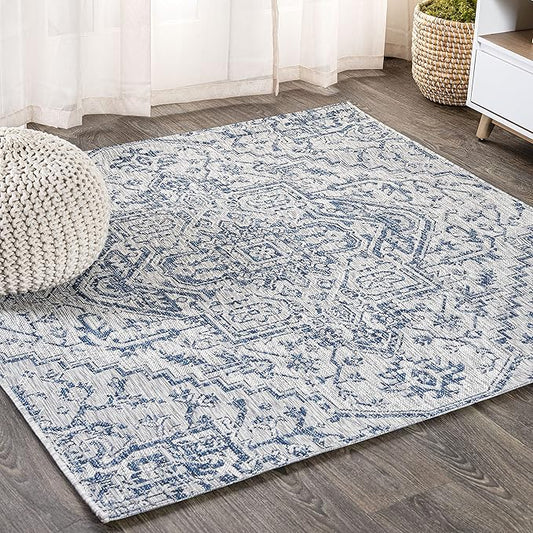 JONATHAN Y SMB105B-9SQ Estrella Bohemian Medallion Textured Weave Indoor/Outdoor Area Rug, Coastal, Traditional, Vintage for Bedroom, Kitchen, Living Room, Easy-Cleaning, Navy/Gray, 9' Square