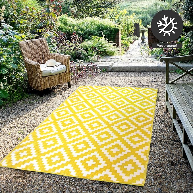 FH Home Outdoor Camping Rug - Waterproof, Fade Resistant, Reversible - Premium Recycled Plastic - Geometric - Large Patio, Deck, Sunroom, RV - Aztec - Yellow & White - 9 x 18 ft Foldable