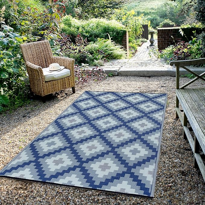 FH Home Outdoor Rug - Waterproof, Fade Resistant, Reversible - Premium Recycled Plastic - Geometric - Patio, Deck, Porch, Balcony, Laundry Room - Aztec Kilim - Blue Multi Crease Free - 5 x 8 ft