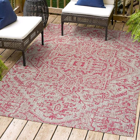 JONATHAN Y SMB105F-4 Estrella Bohemian Medallion Textured Weave Indoor Outdoor Area-Rug, Coastal Traditional Easy-Cleaning,Bedroom,Kitchen,Backyard,Patio,Non Shedding, 4 X 6, Light Gray/Fuchsia