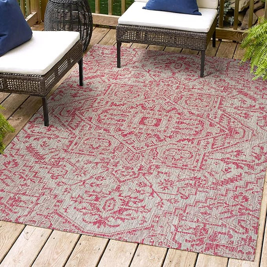 JONATHAN Y SMB105F-3 Estrella Bohemian Medallion Textured Weave Indoor Outdoor Area Rug, Coastal,Traditional,Transitional Easy Clean,Bedroom,Kitchen,Backyard,Patio,Non-Shed, Light Gray/Fuchsia, 3 X 5