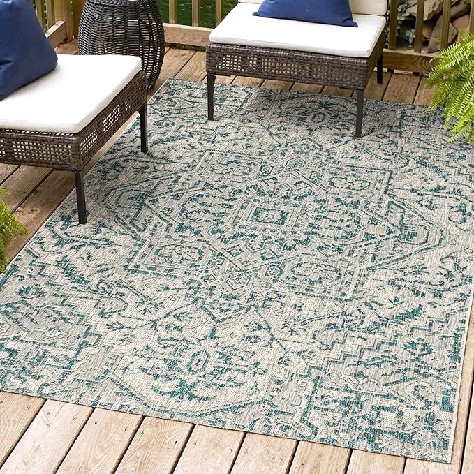 JONATHAN Y SMB105C-9 Estrella Bohemian Medallion Textured Weave Indoor Outdoor Area-Rug Coastal Bohemian Rustic Glam Easy-Cleaning Bedroom Kitchen Backyard Patio Non Shedding, 9 X 12, Teal/Gray