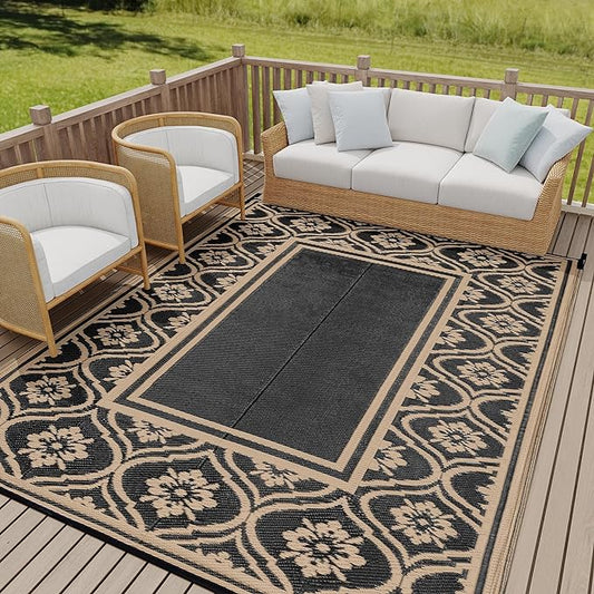 Plastic Outdoor Rug 6'x9' Waterproof Camping Carpet Outside Area Rug Reversible Brown Rugs for RV Deck Entryance Porch Picnic Balcony Beach