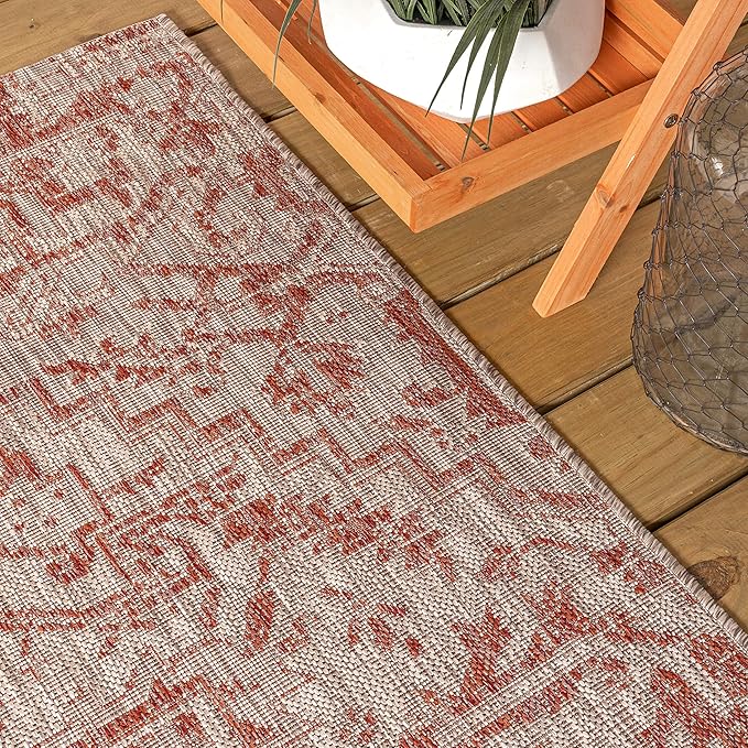 JONATHAN Y SMB105A-210 Estrella Bohemian Medallion Textured Weave Indoor Outdoor Runner Rug Coastal Bohemian Rustic Glam Easy-Cleaning Bedroom Kitchen Backyard Patio Non Shedding, 2 X 10, Red/Taupe
