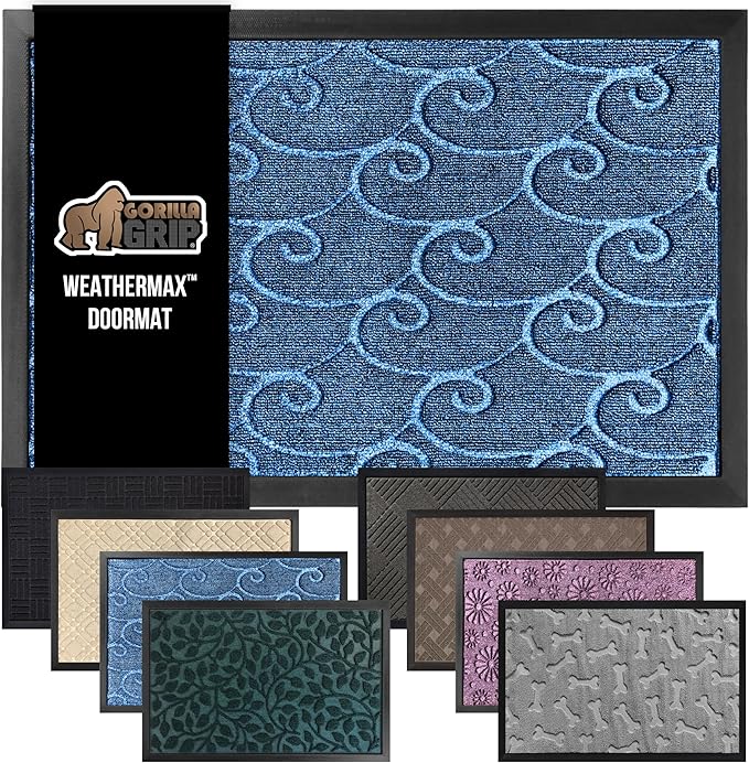 GORILLA GRIP 100% Waterproof All-Season WeatherMax Doormat, Durable Natural Rubber, Stain and Fade Resistant, Low Profile, Indoor Outdoor Door Mats, Easy Clean Entrance Mat, 17x29, Ocean Blue Waves