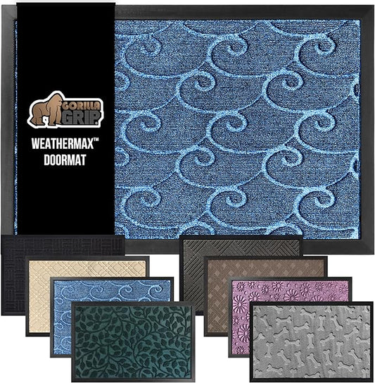 GORILLA GRIP 100% Waterproof All-Season WeatherMax Doormat, 72x24 Runner, Durable Natural Rubber, Stain and Fade Resistant, Low Profile, Indoor Outdoor Door Mats, Easy Clean Mat, Ocean Blue Waves