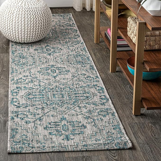 JONATHAN Y SMB105C-210 Estrella Bohemian Medallion Textured Weave Indoor Outdoor Runner Rug Coastal Bohemian Rustic Glam Easy-Cleaning Bedroom Kitchen Backyard Patio Non Shedding, 2 X 10, Teal/Gray