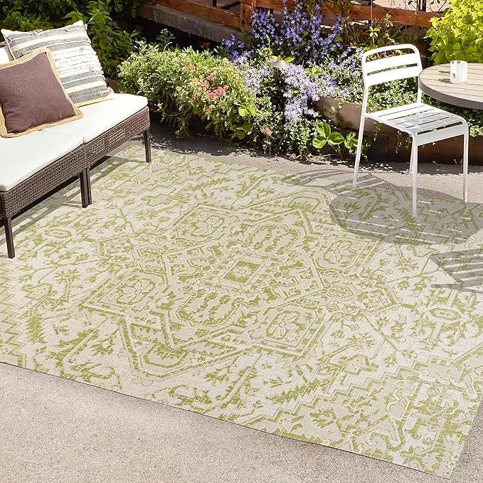 JONATHAN Y SMB105E-5 Estrella Bohemian Medallion Textured Weave Indoor Outdoor Area Rug, Coastal,Traditional,Transitional Easy Clean,Bedroom,Kitchen,Backyard,Patio, Non-Shed, Cream/Green, 5 X 8