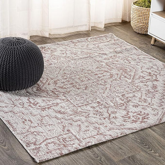 JONATHAN Y SMB105A-5SQ Estrella Bohemian Medallion Textured Weave Indoor Outdoor Area-Rug Coastal Bohemian Rustic Glam Easy-Cleaning Bedroom Kitchen Backyard Patio Non Shedding, 5' Square, Red/Taupe
