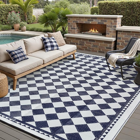 Outdoor Waterproof Rug 8'x10' Plastic Straw Rugs Washable Reversible Floor Mat Blue Plaid Carpet for Camping RV Deck Entryance Porch Picnic Balcony Beach Backyard