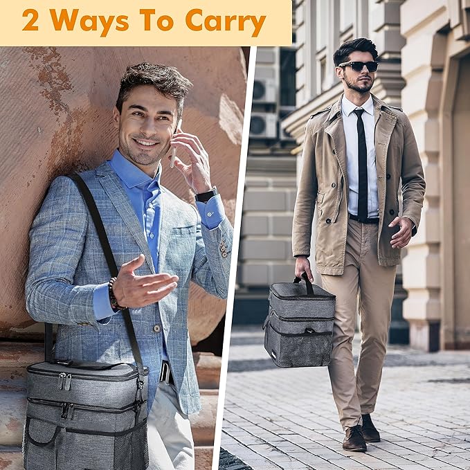 Tirrinia Large Insulated Lunch Box for Women Men, Double-Layer Leak-Proof Reusable Lunch Bag with 4 Pockets for Adult, Lunch Bag Cooler Tote for Office Work and Travel,Carbonarius