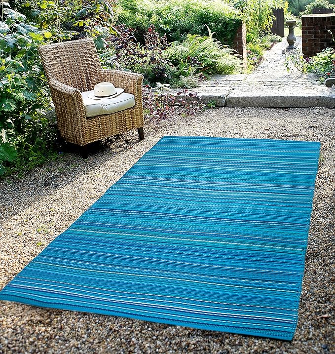 FH Home Outdoor Rug - Waterproof, Fade Resistant, Reversible - Premium Recycled Plastic - Striped - Porch, Deck, Balcony, Mudroom, Laundry Room, Patio - Havana - Turquoise Crease Free - 3 x 5 ft
