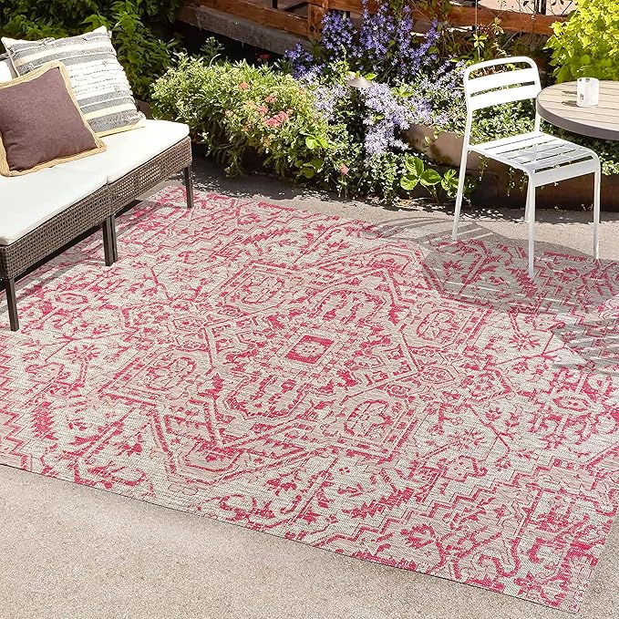 JONATHAN Y SMB105F-3 Estrella Bohemian Medallion Textured Weave Indoor Outdoor Area Rug, Coastal,Traditional,Transitional Easy Clean,Bedroom,Kitchen,Backyard,Patio,Non-Shed, Light Gray/Fuchsia, 3 X 5