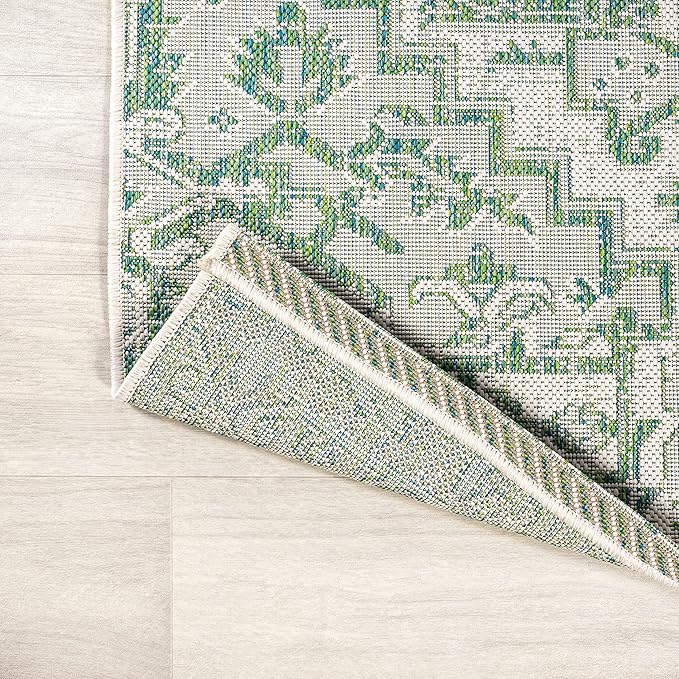JONATHAN Y SMB105G-28 Estrella Bohemian Medallion Textured Weave Indoor Outdoor Runner Rug, Coastal,Traditional,Transitional Easy Clean,Bedroom,Kitchen,Backyard,Patio, Non-Shed, Green/Cream, 2 X 8