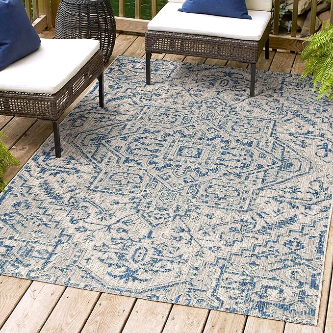 JONATHAN Y SMB105B-8 Estrella Bohemian Medallion Textured Weave Indoor/Outdoor Navy/Gray 8 ft. x 10 ft. Area Rug Coastal, Easy Cleaning, for High Traffic, Kitchen, Living Room, Backyard, Non Shedding