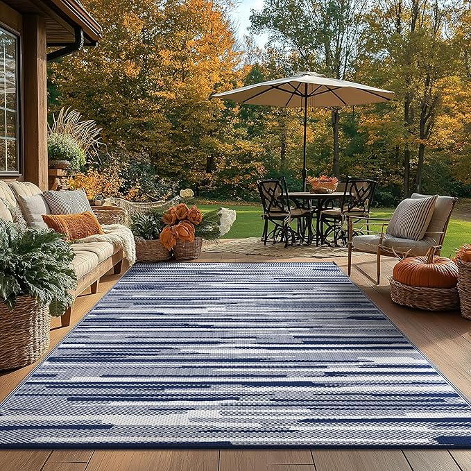 GENIMO Outdoor Rug for Patio Clearance, 8'x10' Waterproof Camping Mat, Reversible Plastic Straw Rugs for RV, Camper, Balcony, Backyard, Picnic, Deck (Blue White)