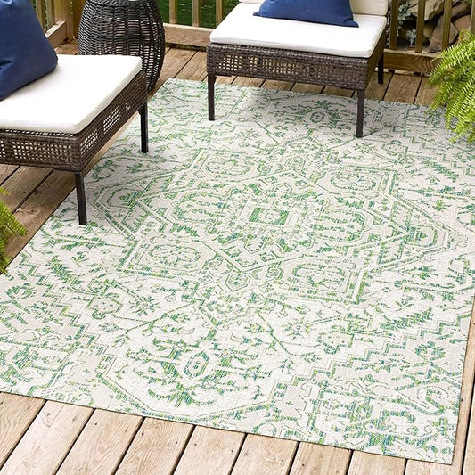 JONATHAN Y SMB105G-3 Estrella Bohemian Medallion Textured Weave Indoor Outdoor Area-Rug, Coastal Traditional Easy-Cleaning,Bedroom,Kitchen,Backyard,Patio,Non Shedding, 3 X 5, Green/Cream