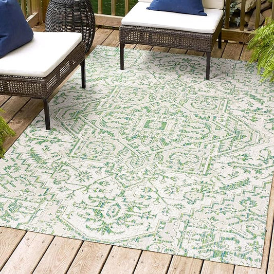 JONATHAN Y SMB105G-5 Estrella Bohemian Medallion Textured Weave Indoor Outdoor Area-Rug, Coastal Traditional Easy-Cleaning,Bedroom,Kitchen,Backyard,Patio,Non Shedding, 5 X 8, Green/Cream