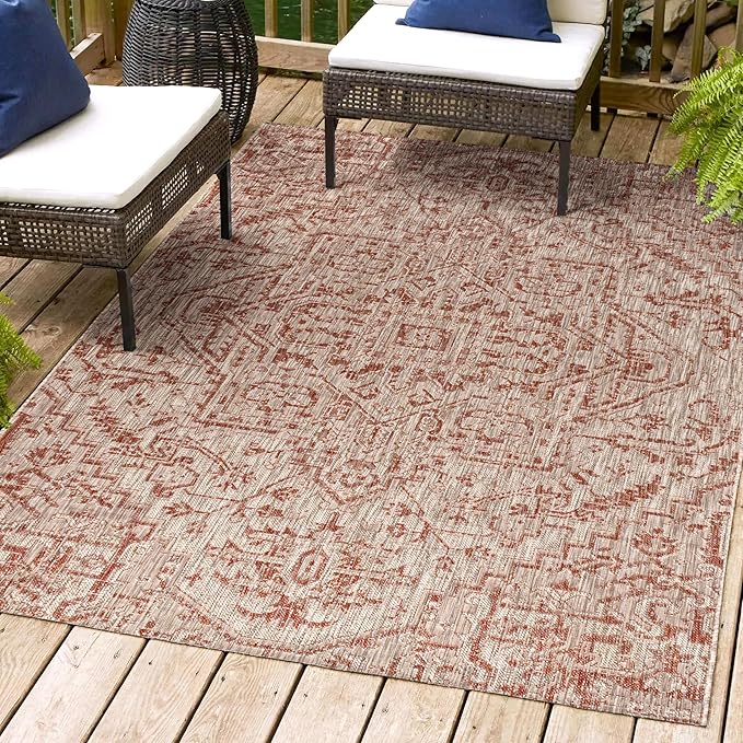 JONATHAN Y SMB105A-9 Estrella Bohemian Medallion Textured Weave Indoor Outdoor Area-Rug Coastal Bohemian Rustic Glam Easy-Cleaning Bedroom Kitchen Backyard Patio Non Shedding, 9 X 12, Red/Taupe