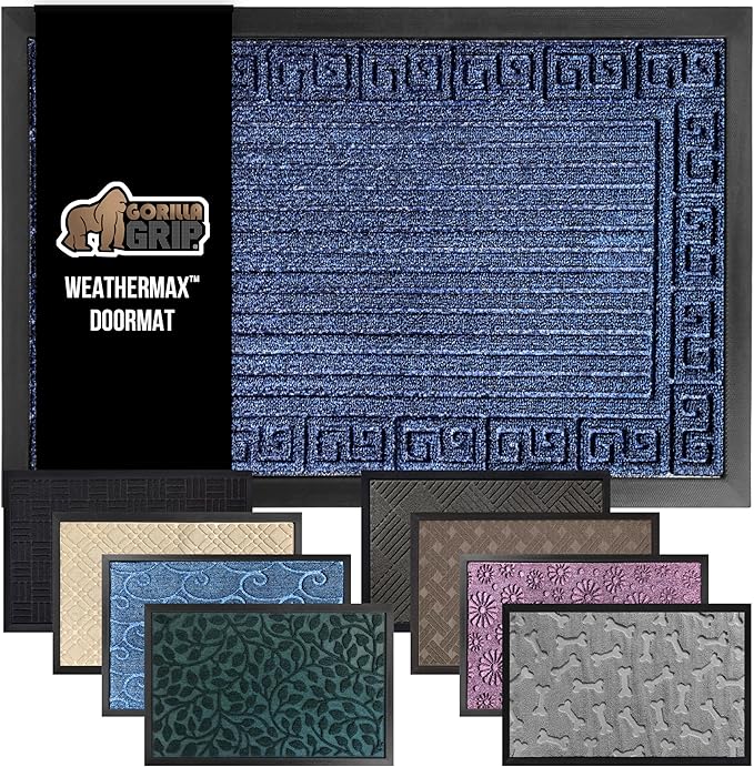 GORILLA GRIP 100% Waterproof All-Season WeatherMax Doormat, Durable Natural Rubber, Stain and Fade Resistant, Low Profile, Indoor Outdoor Door Mats, Easy Clean Entrance Mat, 17x29, Navy Greek Keys