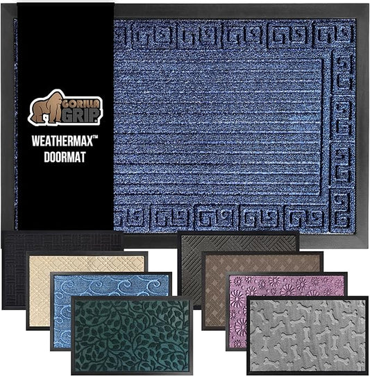 GORILLA GRIP 100% Waterproof All-Season WeatherMax Doormat, Durable Natural Rubber, Stain and Fade Resistant, Low Profile, Indoor Outdoor Door Mats, Easy Clean Entrance Mat, 17x29, Navy Greek Keys