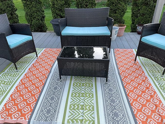 BalajeesUSA Outdoor Plastic Patio Rugs – 5x7 ft Green,Orange,Multipurpose,Woven Plastic Straw, All-Weather and Waterproof, Reversible Camper mat Sports Camp Backyard Picnic 711