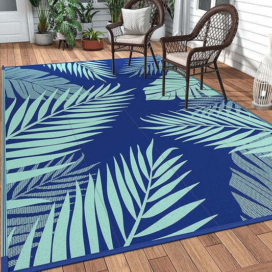 GENIMO Outdoor Rug 9' x 12' Waterproof for Patios Clearance, Reversible Outdoor Plastic Straw Camping Rug Carpet, Large Area Rugs Mats for RV, Camper, Deck, Balcony, Porch, Beach Royal Blue&Blue Green