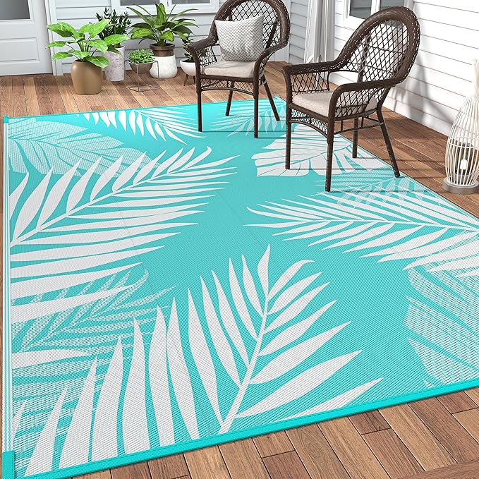 GENIMO Outdoor Rug 5' x 8' Waterproof for Patios Clearance, Reversible Outdoor Plastic Straw Camping Rug Carpet, Large Area Rugs Mats for RV, Picnic, Backyard, Deck, Balcony, Porch, Aqua Blue&White