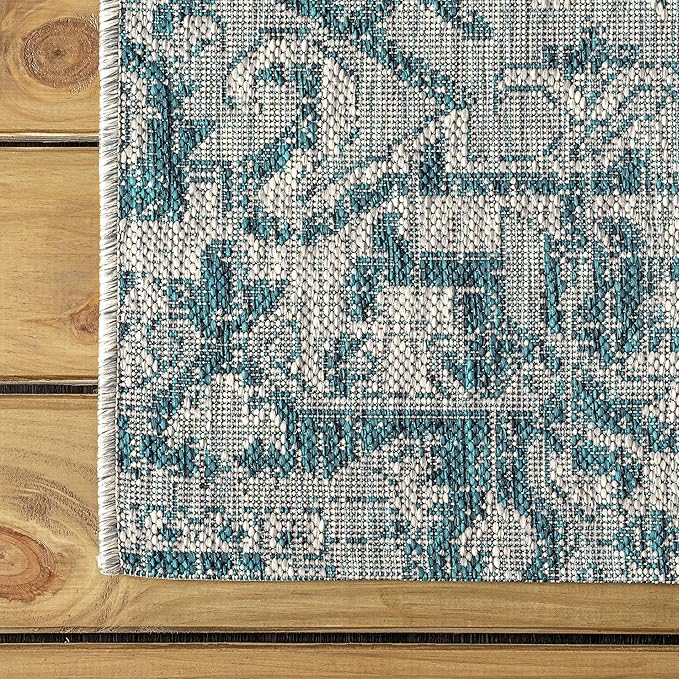 JONATHAN Y SMB105C-210 Estrella Bohemian Medallion Textured Weave Indoor Outdoor Runner Rug Coastal Bohemian Rustic Glam Easy-Cleaning Bedroom Kitchen Backyard Patio Non Shedding, 2 X 10, Teal/Gray
