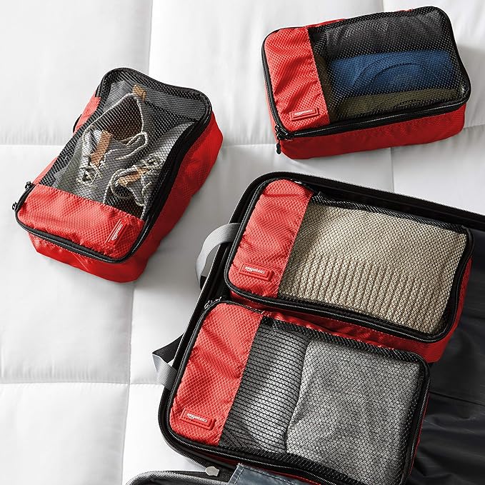 Amazon Basics Small Packing Cubes for Travel, Packing Organizers, 4-Piece-Set With Double Zipper Pulls and Mesh Top Panel, 100% Durable Polyester, Red, 11"L x 6.8"W x 3"H