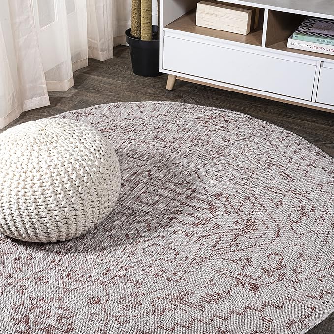 JONATHAN Y SMB105A-5R Estrella Bohemian Medallion Textured Weave Indoor Outdoor Area-Rug Coastal Bohemian Rustic Glam Easy-Cleaning Bedroom Kitchen Backyard Patio Non Shedding, 5' Round, Red/Taupe