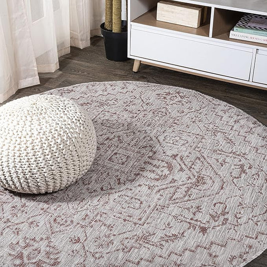 JONATHAN Y SMB105A-5R Estrella Bohemian Medallion Textured Weave Indoor Outdoor Area-Rug Coastal Bohemian Rustic Glam Easy-Cleaning Bedroom Kitchen Backyard Patio Non Shedding, 5' Round, Red/Taupe