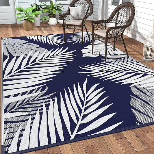GENIMO Outdoor Rug 5' x 8' Waterproof for Patios Clearance, Reversible Outdoor Plastic Straw Camping Rug Carpet, Large Area Rugs Mats for RV, Picnic, Backyard, Deck, Balcony, Porch, Beach, Blue&White
