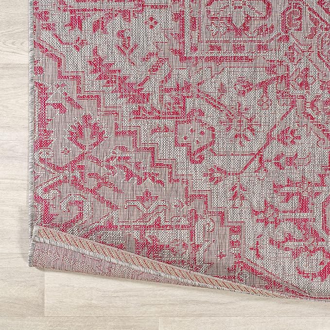 JONATHAN Y SMB105F-5SQ Estrella Bohemian Medallion Textured Weave Indoor Outdoor Area Rug, Coastal Traditional,Bedroom,Kitchen,Backyard,Patio, Light Gray/Fuchsia, 5' Square