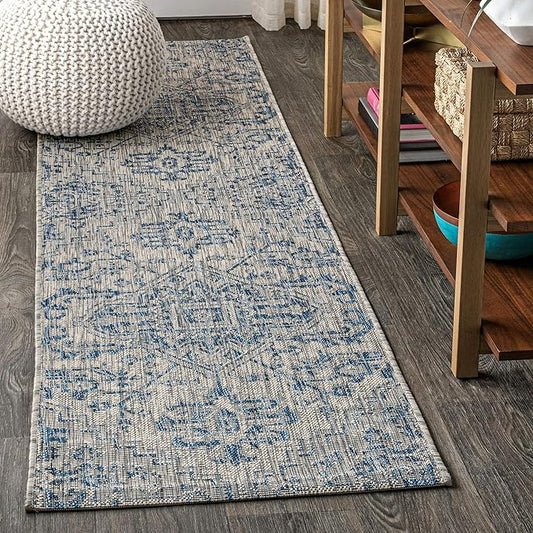 JONATHAN Y SMB105B-214 Estrella Bohemian Medallion Textured Weave Indoor/Outdoor Runner Rug, Coastal, Traditional, Vintage for Bedroom, Kitchen, Living Room, Easy-Cleaning, Navy/Gray, 2 ft. x 14 ft.