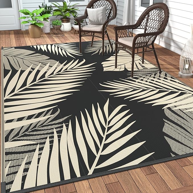GENIMO Outdoor Rug 9' x 18' Waterproof for Patios Clearance, Reversible Outdoor Plastic Straw Camping Rug Carpet, Large Area Rugs Mats for RV, Camper, Deck, Balcony, Porch, Beach, Picnic, Black&Beige
