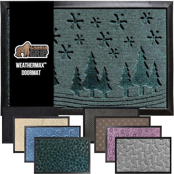 GORILLA GRIP 100% Waterproof All-Season WeatherMax Doormat, Durable Natural Rubber, Stain and Fade Resistant, Low Profile Winter Indoor Outdoor Door Mats, Holiday Entrance Mat, 47x35, Green Snowscape