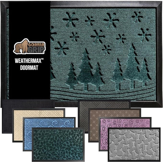 GORILLA GRIP 100% Waterproof All-Season WeatherMax Doormat, Durable Natural Rubber, Stain and Fade Resistant, Low Profile Winter Indoor Outdoor Door Mats, Holiday Entrance Mat, 47x35, Green Snowscape
