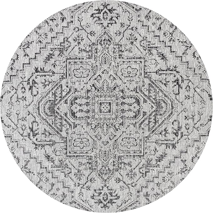 JONATHAN Y SMB105D-8R Estrella Bohemian Medallion Textured Weave Black/Gray 8' Round Indoor/Outdoor Area Rug, Pet Friendly, Non-Shedding, Stain Resistant, Easy-Cleaning for Backyard, Patio, Porch
