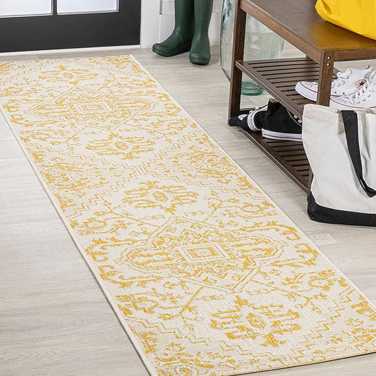JONATHAN Y SMB105H-210 Estrella Bohemian Medallion Textured Weave Indoor Outdoor Runner Rug, Coastal,Traditional,Transitional Easy Clean,Bedroom,Kitchen,Backyard,Patio, Non-Shed, Cream/Yellow, 2 X 10