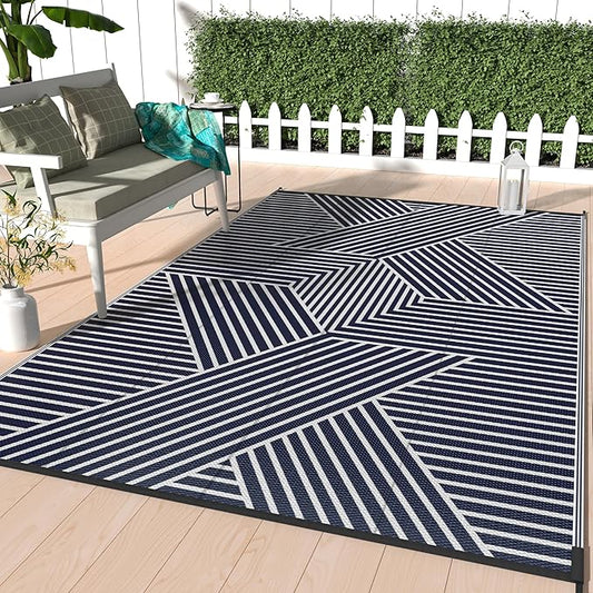 GENIMO Outdoor Rug 6'x9' for Patio Waterproof Clearance, Reversible Outdoor Plastic Straw Rug, Lightweight Carpet Camping Mat for Rv, Camper, Picnic, Balcony, Backyard, Deck, Porch, Blue & White