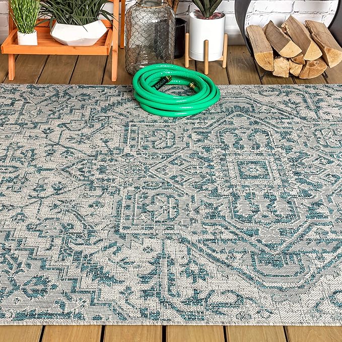 JONATHAN Y SMB105C-9 Estrella Bohemian Medallion Textured Weave Indoor Outdoor Area-Rug Coastal Bohemian Rustic Glam Easy-Cleaning Bedroom Kitchen Backyard Patio Non Shedding, 9 X 12, Teal/Gray